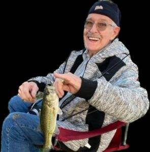 Happy elderly man fishing for bass fish, outdoor recreation, senior outdoor activity, fishing hobby.